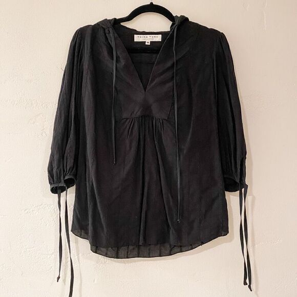 Trina Turk Hooded V Neck Cotton Blouse in Black Medium - Picture 1 of 7